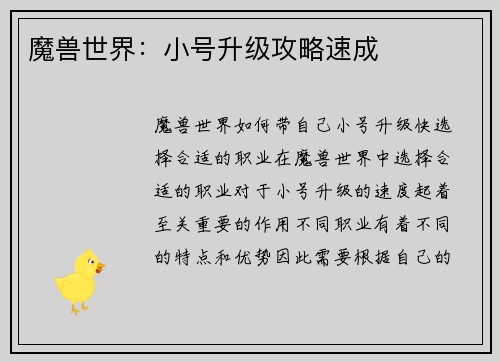 魔兽世界：小号升级攻略速成